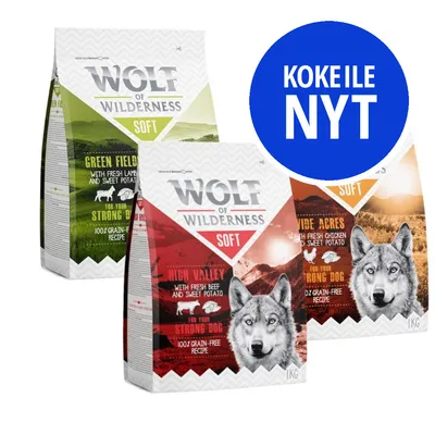 Wolf of Wilderness Soft -koiranruokapakkaukset: Green Fields, High Valley ja Wide Acres. Teksti: KOKEILE NYT. Näkyvissä tuotetiedot englanniksi ja paino 1 kg.