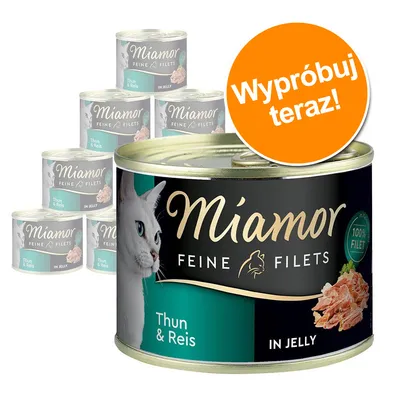Miamor Feine Filets Thun & Reis In Jelly – zestaw puszek z tuńczykiem i ryżem dla kotów, napis na pomarańczowym kole: Wypróbuj teraz!