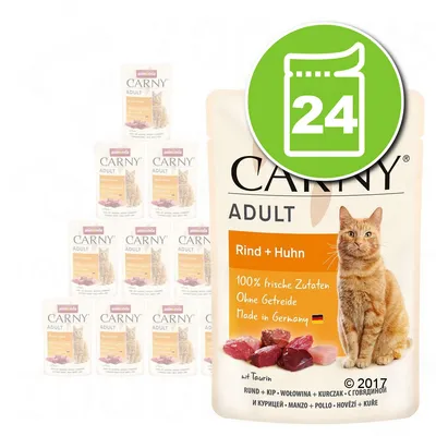 Lot de 24 sachets Animonda Carny Adult Rind + Huhn pour chat, texte visible : 100% frische Zutaten, Ohne Getreide, Made in Germany, image d’un chat et morceaux de viande.