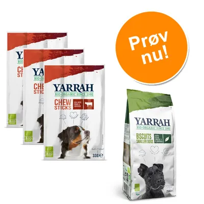 Yarrah BIO-ORGANIC SINCE 1992 Chew Sticks 33 g, synlig tekst: 93% beef pork & chicken. Yarrah BIO-ORGANIC SINCE 1992 Biscuits Smaller Dogs 250 g. Orange cirkel med teksten Prøv nu!