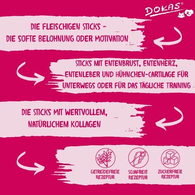 Dokas Sticks mit Entenbrust, Entenherz und Entenleber. Wieder verschliessbare Verpackung. Geprüft vom SGS Institut Fresenius.