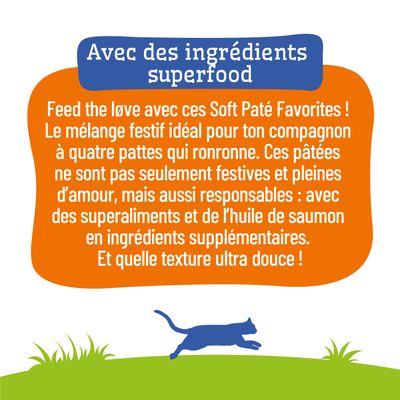 Avec des ingrédients superaliments. Pâté festive moelleuse avec superaliments et huile de saumon comme ingrédients supplémentaires, texture particulièrement tendre.
