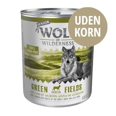 Wolf of Wilderness Senior Green Fields dåse 800 g, uden korn, 100% grain-free, lam & kylling med skovbær, rødder og vilde urter. Synlig tekst: UDEN KORN.
