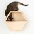 Caja de madera hexagonal de madera clara, con un gato metiendo la cabeza en la caja.