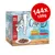 XXL pack containing 144 pouches of 100g each. Includes poultry and liver, lamb and turkey, pollack, beef and poultry varieties. Serving suggestion shown.