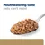 Spoonful of pet food with the text: Mouthwatering taste pets can't resist.