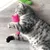 Grey cat playing with a pink fabric toy shaped like a mouse, lying on a wooden floor. A green fabric toy visible in the background.