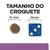 Tamanho do croquete: comparação entre um croquete de 12 mm e um dado azul de 16 mm. Texto visível: 'TAMANHO DO CROQUETE', '12 mm', '16 mm'.