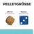 Pelletgrösse dargestellt: links Pellet mit 13mm, rechts blauer Würfel mit 16mm.