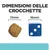 Dimensioni delle crocchette: confronto tra una crocchetta da 13 mm e un dado blu da 16 mm. Testo visibile: 'DIMENSIONI DELLE CROCCHETTE', '13 mm', '16 mm'.
