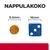 Nappulakoko: nappula 9,5 mm ja vertailun vuoksi sininen noppa 16 mm. Teksti 'NAPPULAKOKO' ylhäällä.