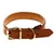 Adjustable brown leather collar with metal buckle and D-ring, shown coiled to display fastening holes and stitching detail.