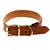 Adjustable brown leather collar with metal buckle and D-ring, shown coiled to display fastening and stitching details.