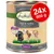 Lukullus Veal & turkey, Senior, 24x800 g. Sestavine: teletina in puran, sladki krompir, hruška, olje iz lanenih semen, školjka zelenousta. Besedilo v angleščini in nemščini.