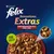 Purina Felix Sensations Extras, Geschmacksvielfalt vom Land, ohne Farbstoffe. Nahaufnahme von Fleischstücken in Sosse.