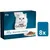 Purina Gourmet Perle Erlesene Streifen, 85g Packung, 8x Portionen. Abgebildet: weisse Katze und Teller mit Fleischstreifen in Sauce.