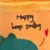 Text na oranžové látce: „Happy keep smiling“ s červeným srdcem a zeleným motivem pod ním.
