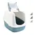 Kattenbak met kap, scharnierend deurtje opengeklapt, kunststof in wit en blauw. Drie kleurvarianten zichtbaar als kleine vierkanten rechts: blauw-wit, grijs-wit, beige-wit. Kattenbak met kap, scharnierend deurtje opengeklapt, kunststof in wit en blauw. Drie kleurvarianten zichtbaar als kleine vierkanten rechts: blauw-wit, grijs-wit, beige-wit.