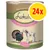 Lukullus Putenherzen & Lamm Junior natvoer voor honden, 800 g blik, met afbeelding van kalkoen en lam. Tekst: mit Hirse, Apfel und Traubenkernöl. Gele cirkel met rode tekst: 24x. Lukullus Putenherzen & Lamm Junior natvoer voor honden, 800 g blik, met afbeelding van kalkoen en lam. Tekst: mit Hirse, Apfel und Traubenkernöl. Gele cirkel met rode tekst: 24x.