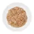 Close-up of shredded wet food in a white bowl, visibly juicy and meaty.