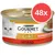 Konzerva Purina Gourmet Gold, MIT RIND, 48x. Na obalu bílá kočka a kousek masové paštiky na talíři. Text také v němčině: RAFFINIERTES REZEPT.