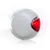 Round device with a red light on one side and a white light on the other, both illuminated, shown against a plain background.