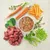 Ingredients: fresh beef, carrots, peas, spinach and herbs. Ready wet food in a tray, visible with vegetables and meat pieces.