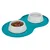 Double bowl set with turquoise mat, two white bowls for dry food and water.