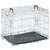 Metal wire pet crate with two doors, secure latches, black plastic base tray and carrying handles on top. Crate is empty and shown from an angle to display structure.