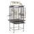 Grande cage à oiseaux en métal avec roulettes, perchoirs en bois, deux gamelles en acier inoxydable sur le dessus, jouets suspendus et plateau amovible visible sous la cage.