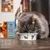 Cat eating from a bowl with illustrated cats, product packaging in background showing tuna flakes and mackerel in jelly as food options.