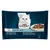 Purina Gourmet Perle Duetto Duo, opakowanie 4×85 g. Widoczny biały kot i talerz z kawałkami karmy w sosie. Tekst: mit Lachs und Seelachs, mit Sardine und Thunfisch, mit Lachs und Weißfisch, mit Hochseefisch und Thunfisch.