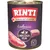 Konzerva Rinti Singlefleisch Exclusive Geflügel Pur, nápis: Mit 65% Ente getreidefrei, zobrazené kúsky mäsa. Text na obale v nemčine.