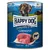Happy Dog Sensible Pure Germany, Pure Beef. Made in Germany. Image of raw beef and dog with mountain landscape in the background.
