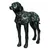 Black dog coat with camouflage pattern, high collar and side logo print on a black dog mannequin.