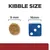 Kibble size comparison showing a 9mm round kibble next to a 16mm blue dice for scale.