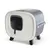 Closed cat litter box with white frame, grey body and black door with paw motif. Stands on four black legs.
