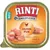 RINTI Singlefleisch Huhn Pur, 150g, getreidefrei, 1 Protein Single. Neu gekennzeichnet mit Hühnerfleischstücken auf orangefarbenem Hintergrund.