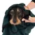 Hund wird in ein dunkelgrünes Handtuch gewickelt, gehalten von einer Hand. Zeigt Nutzung eines Tierpflegeprodukts.