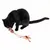 Schwarze Katze spielt mit einem braunen Spielzeug mit der Aufschrift 'Catnip Time' und Federn am Ende.