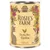 Konzerva Rosie's Farm Chunky Stew Chicken, Adult, 400 g. Viditelný nápis Grain-Free Recipe. Ilustrace kočky, slepice, květin a farmy na obalu.
