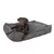 Graues Hundebett mit weichem Stoff, rechteckige Form. Dunkelbrauner Hund liegt entspannt darauf.