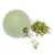 Balle en feutre verte avec herbes et insert amovible, herbes en vrac et pièce métallique visibles à côté.