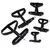 Black dog harnesses in various sizes with adjustable straps and metal rings for lead attachment.