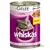 Puszka Whiskas in Gelee mit Lachs, napis NEU, bez dodatku cukru i sztucznych barwników oraz aromatów. Zdjęcie kawałków karmy w galarecie.