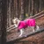 Chien portant un manteau imperméable rose avec harnais noir, marque visible : 'Hurtta', en forêt. Manteau couvrant le dos et les flancs du chien.