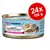 Feline Porta 21 Ganzes Thunfischfleisch Whole Tuna Meat, mit Breitling/with Shirasu. 24x156 g. Utan tillsatt socker/no added sugar. Bild på katt och skål med mat.