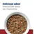 Delicioso sabor irresistible para las mascotas. Plato con trozos de comida húmeda, zanahoria y arroz visibles. Delicioso sabor irresistible para las mascotas. Plato con trozos de comida húmeda, zanahoria y arroz visibles.