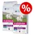 Dwie torby karmy Eukanuba Daily Care Sensitive Skin Adult S–XL, 12 kg, widoczny symbol promocji procentowej na czerwonym tle. Dwie torby karmy Eukanuba Daily Care Sensitive Skin Adult S–XL, 12 kg, widoczny symbol promocji procentowej na czerwonym tle.