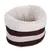 Rundes Kuschelbett mit weichem, weissem Plüsch-Innenfutter und braun-beigem Streifendesign aussen.